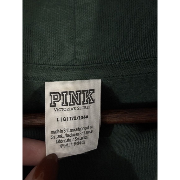 PINK VICTORIA'S SECRET Women's Large GREEN SILVER GLITTER Logo HOODED Long SHIRT - Picture 3 of 7